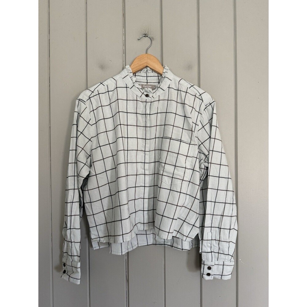 Everlane Organic Cotton Ruffle Flannel Top M Medium Light Blue Windowpane Plaid